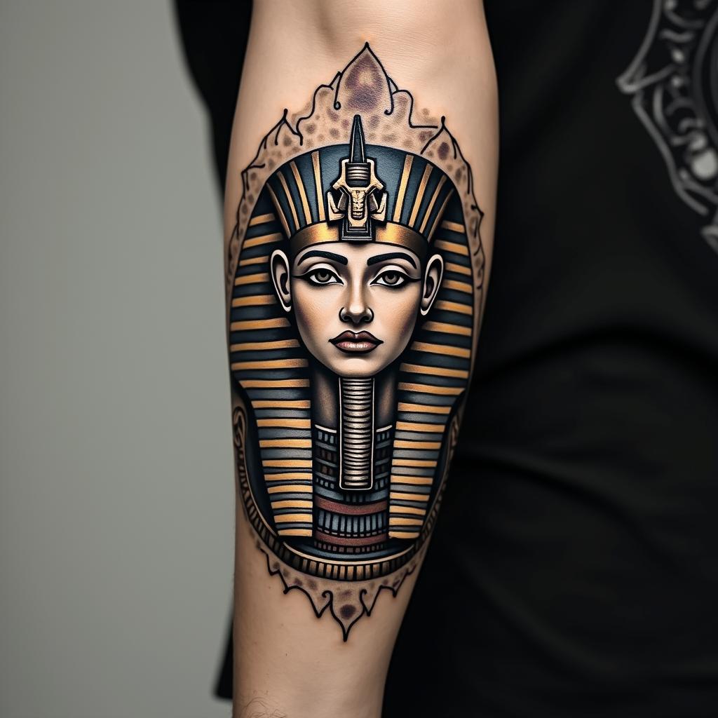 I want a full sleeve tattoo that incorporates something from Viking mythology, the Sagittarius sign, and the letters B B.in egyptian style tattoo, bold elements of ancient egyptian culture including a portrait of an Egyptian pharaoh with detailed facial features, in hieroglyphs and symbolic imagery, eye of horus, ankh symbol, scarab beetle