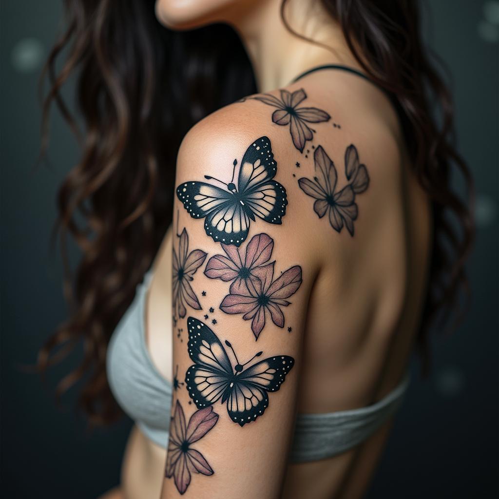 Butterflies,stardust,flowers,stars, Galaxyin portrait tattoo style, featuring a highly realistic and detailed depiction  - Variation 6