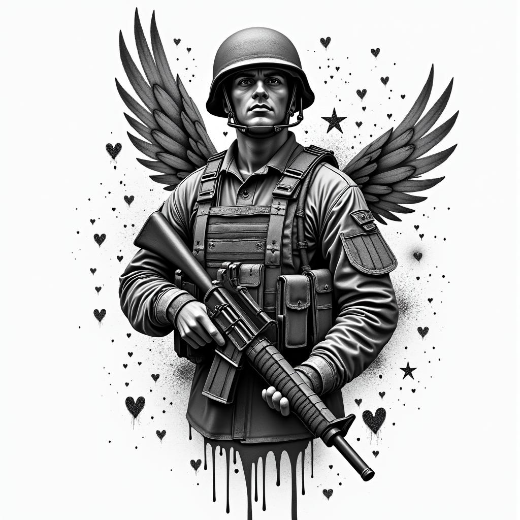 American Soldier, LGBTin graffiti style tattoo, featuring bold and dynamic street art elements, spray-paint texture with exaggerated lines and expressive, chaotic brushstrokes, intricate lettering incorporated with graffiti tags, symbols like hearts, stars, and wings - Variation 3