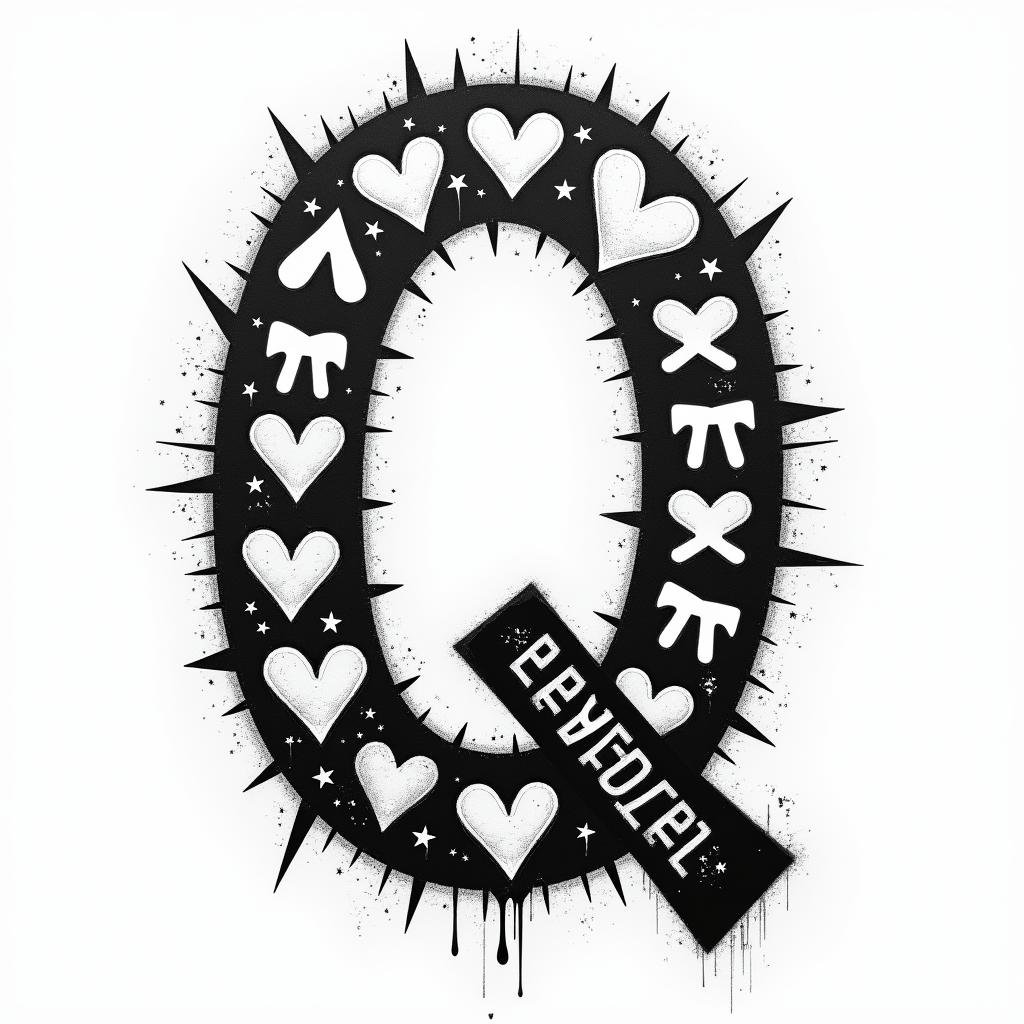 The letter "Q" please stylishly.in graffiti style tattoo, featuring bold and dynamic street art elements, spray-paint texture with exaggerated lines and expressive, chaotic brushstrokes, intricate lettering incorporated with graffiti tags, symbols like hearts, stars, and wings