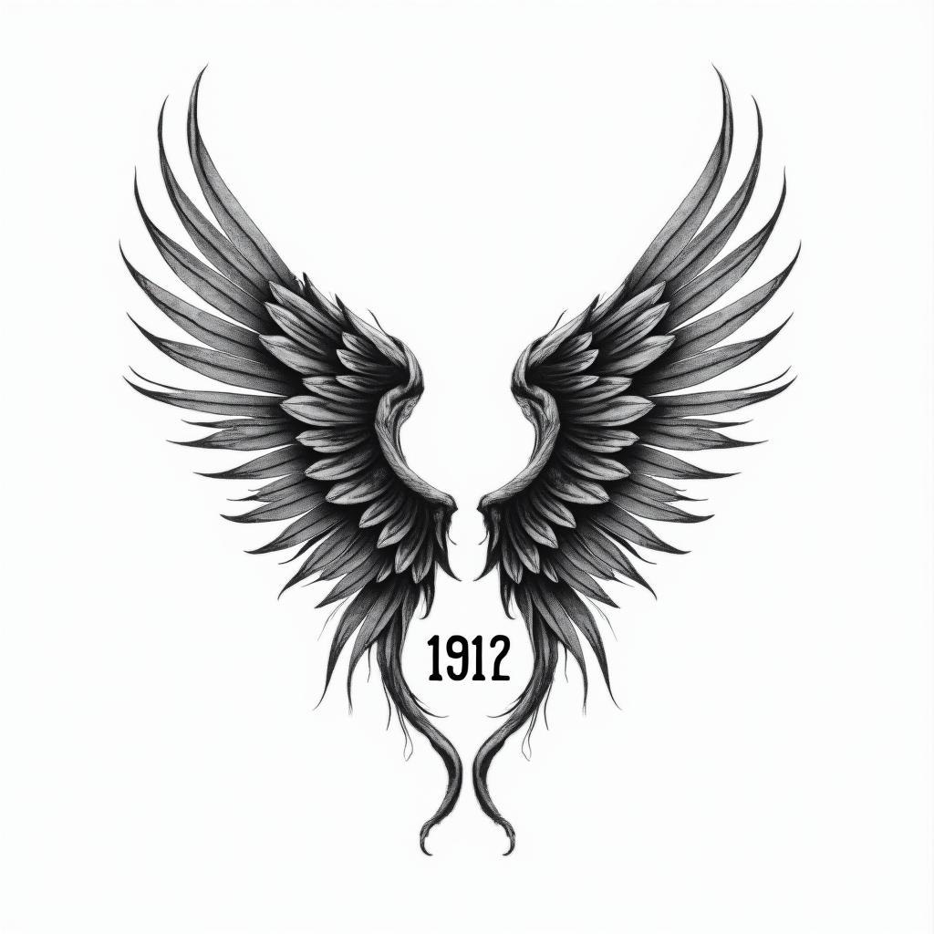 Small wings with initial in middle and date on the bottomhigly detailed tattoo - Variation 3