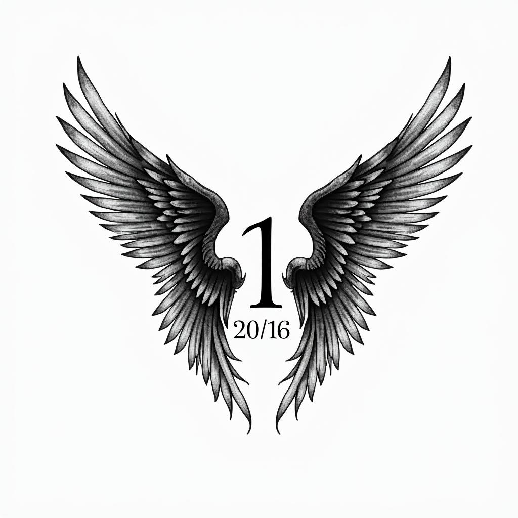 Small wings with initial in middle and date on the bottomhigly detailed tattoo - Variation 4