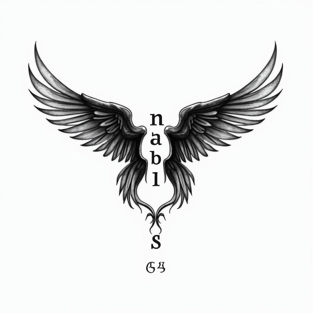 Small wings with initial in middle and date on the bottomhigly detailed tattoo - Variation 2