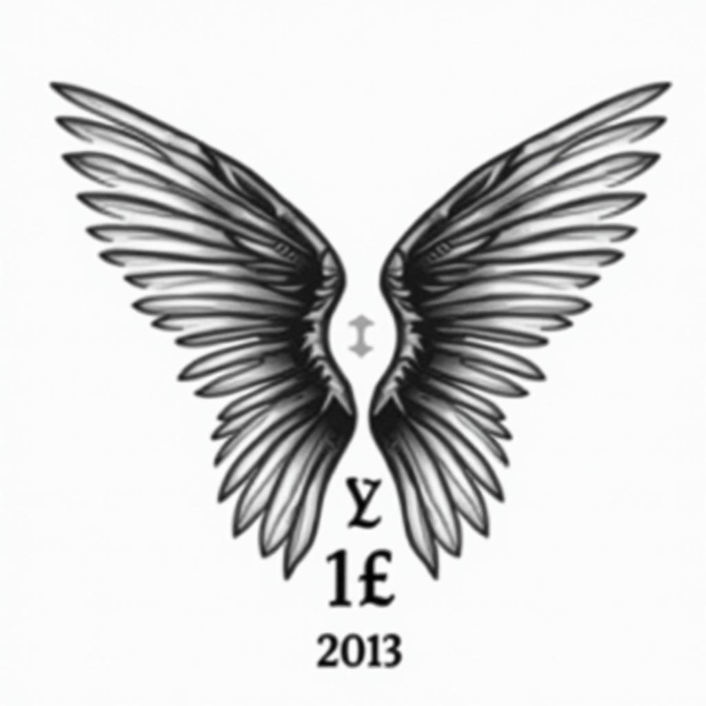 Small wings with initial in middle and date on the bottomhigly detailed tattoo