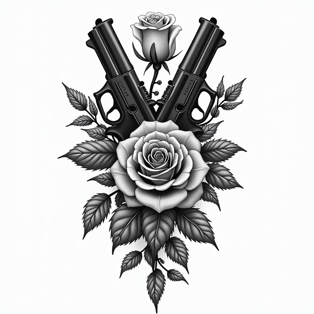 A tattoo design featuring realistic guns intricately intertwined with traditional roses. The composition captures the essence of gangster culture inspired by "The Krays," blending strength and beauty in a harmonious, detailed artwork. The roses should be lush and vibrant, contrasting with the cold steel of the guns, symbolizing both danger and allure.higly detailed tattoo