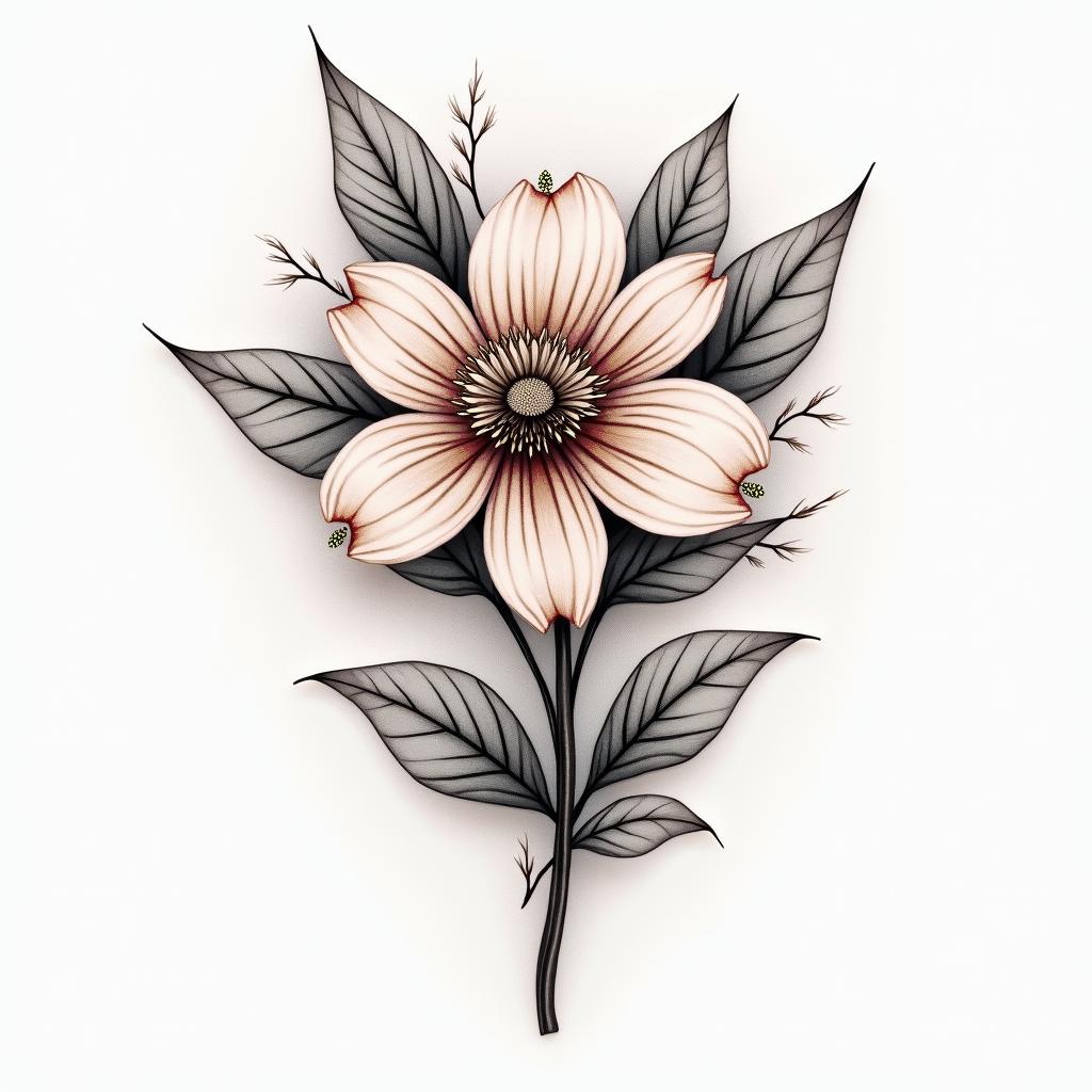 A beautiful floral tattoo representing love and kindness, featuring a vibrant, delicate flower that symbolizes beauty and goodness, intertwined with soft, elegant elements to reflect the deep affection and admiration for a beloved wife named Daniela, capturing emotions of love and warmth.higly detailed tattoo