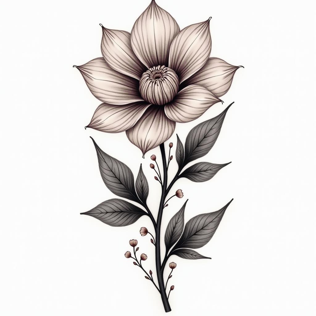 A beautiful floral tattoo representing love and kindness, featuring a vibrant, delicate flower that symbolizes beauty and goodness, intertwined with soft, elegant elements to reflect the deep affection and admiration for a beloved wife named Daniela, capturing emotions of love and warmth.higly detailed tattoo - Variation 2