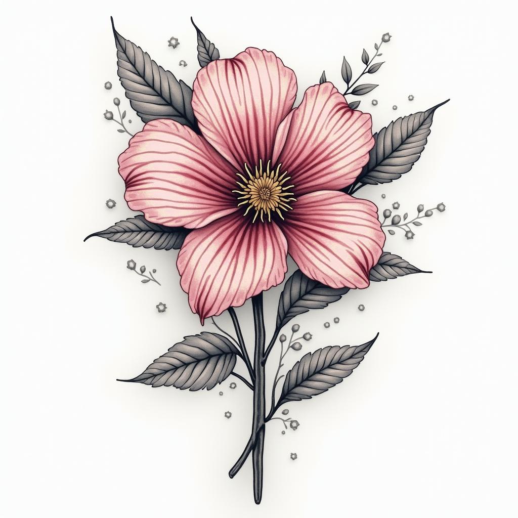 A beautiful floral tattoo representing love and kindness, featuring a vibrant, delicate flower that symbolizes beauty and goodness, intertwined with soft, elegant elements to reflect the deep affection and admiration for a beloved wife named Daniela, capturing emotions of love and warmth.higly detailed tattoo - Variation 4