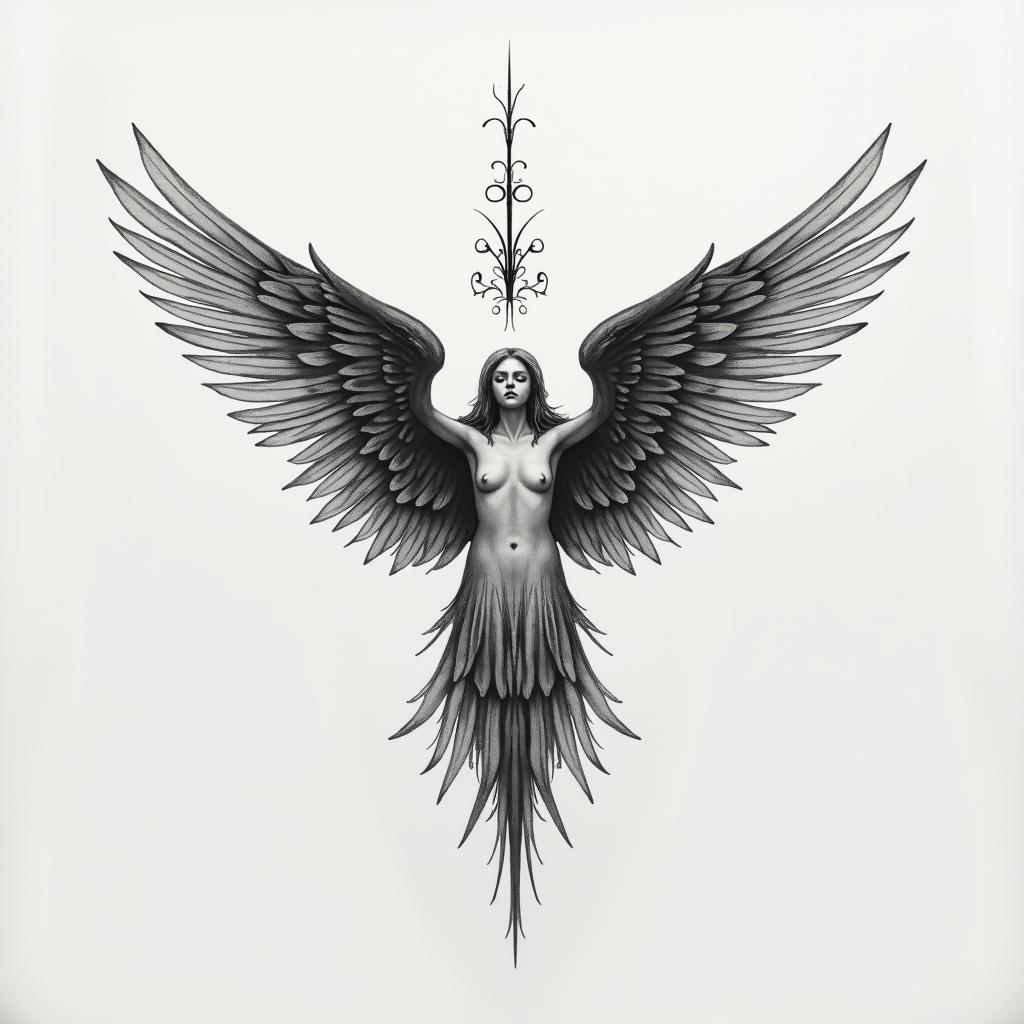 Small wrist, tattoo of Angel, wings. Initial and middle and date on the bottomhigly detailed tattoo