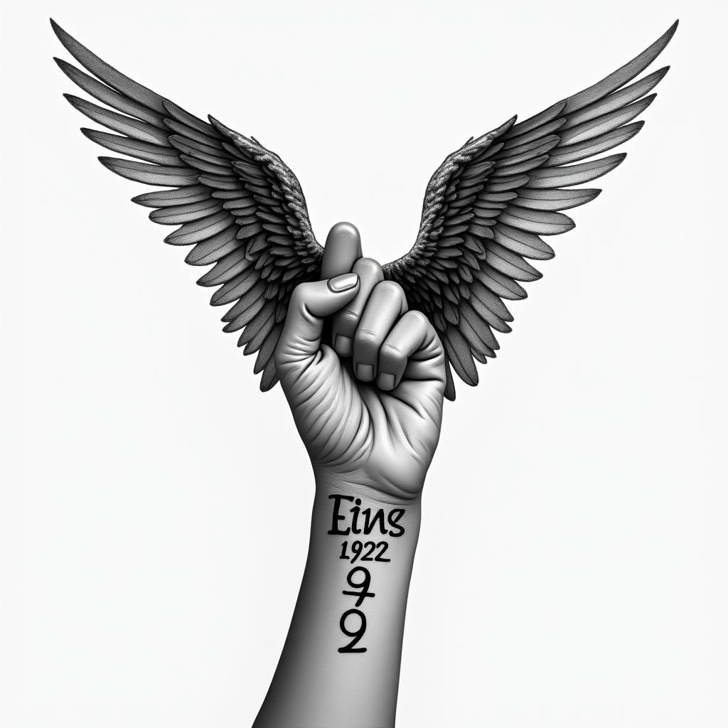 Small wrist, tattoo of Angel, wings. Initial and middle and date on the bottomhigly detailed tattoo - Variation 2