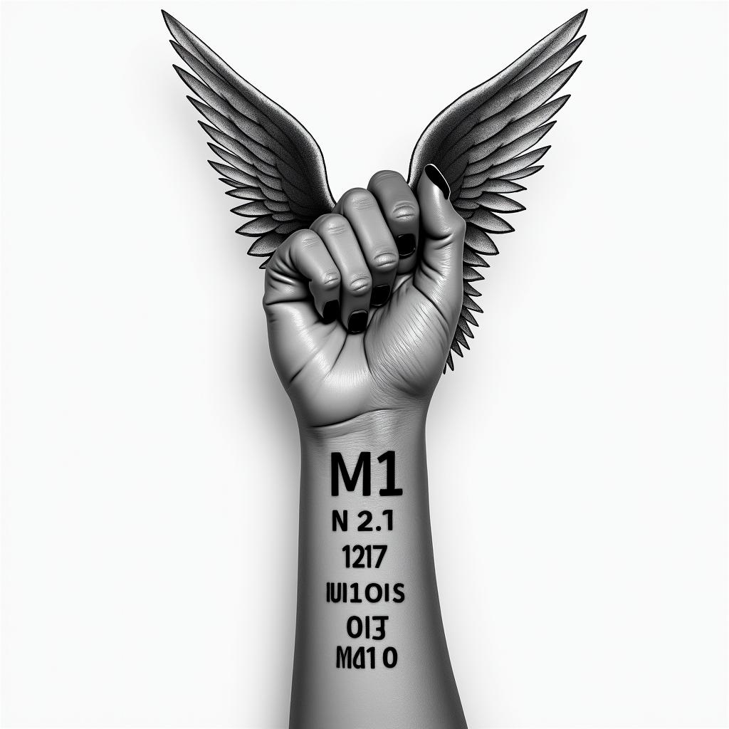 Small wrist, tattoo of Angel, wings. Initial and middle and date on the bottomhigly detailed tattoo - Variation 3