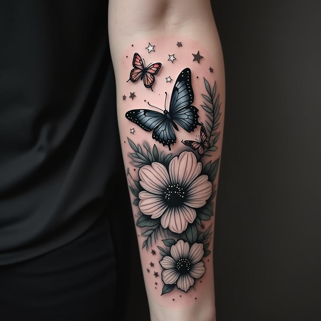 Butterflies,stardust,flowers,stars, Galaxyin portrait tattoo style, featuring a highly realistic and detailed depiction 