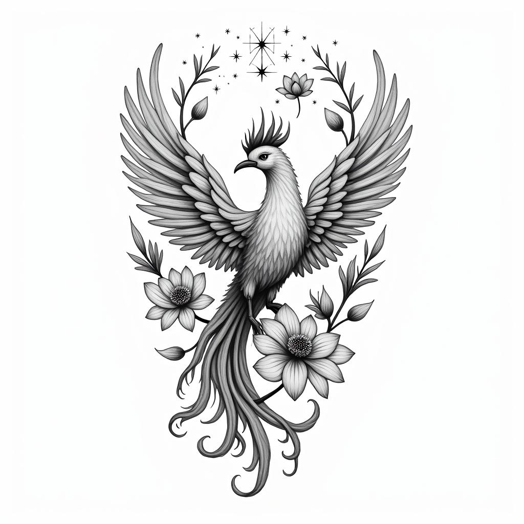 a stylized phoenix surrounded by flowers (lotus, magnolia) and fine foliage, with elements representing my children: a lotus flower with an "M" for Margot and a feather in constellation with a "W" for William. Plus the phrase: "I rose silently, but forever."higly detailed tattoo