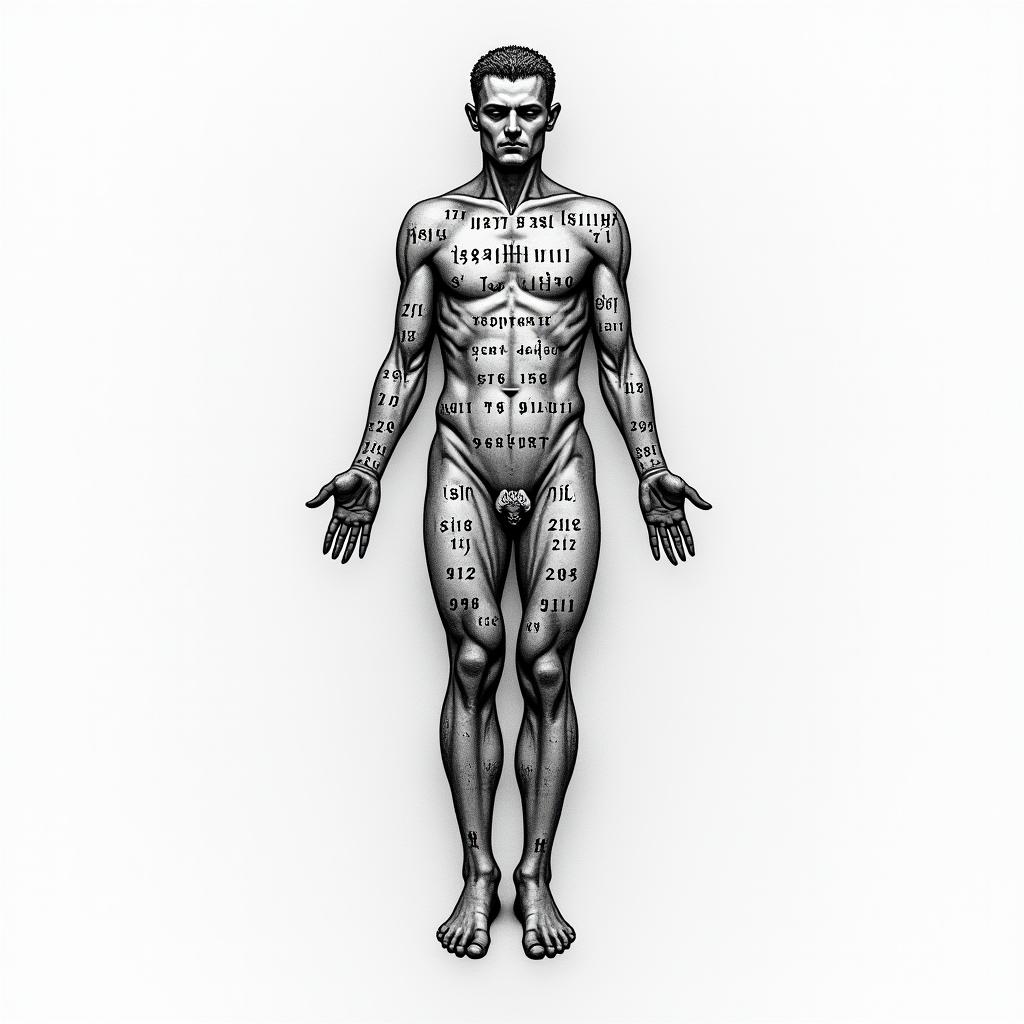 Using Six birthdates to create a human formtext-based tattoo, gothic font ultra-realistic, perfectly placed, high-quality font design, photo-realistic shading, 8k, high quality, finely detailed typography - Variation 2