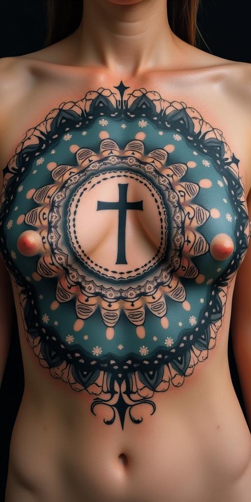 Spiral galaxy with stars and planetsin chicano style tattoo, featuring intricate black and grey shading, bold elements of traditional chicano culture symbols, add a big cross with skull, chains and roses