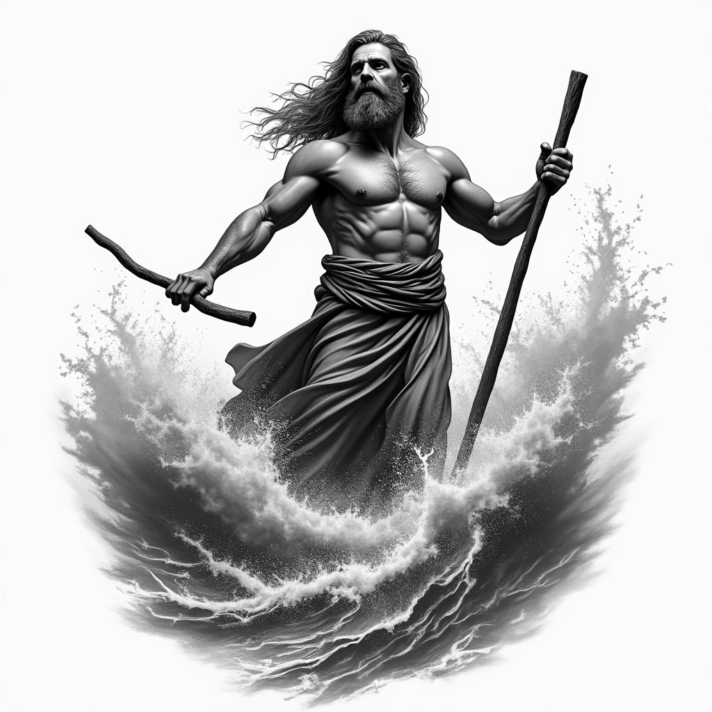 Create a black and grey tattoo of Moses splitting the sea with a stick in one hand and the 10 Commandments in another hand also include the face of Juda the lion in the tattoo and make the tattoo realistic.higly detailed tattoo - Variation 3