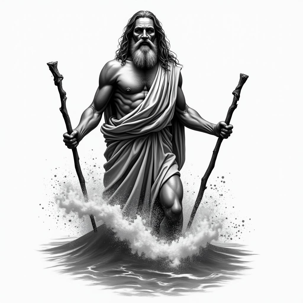 Create a black and grey tattoo of Moses splitting the sea with a stick in one hand and the 10 Commandments in another hand also include the face of Juda the lion in the tattoo and make the tattoo realistic.higly detailed tattoo - Variation 2