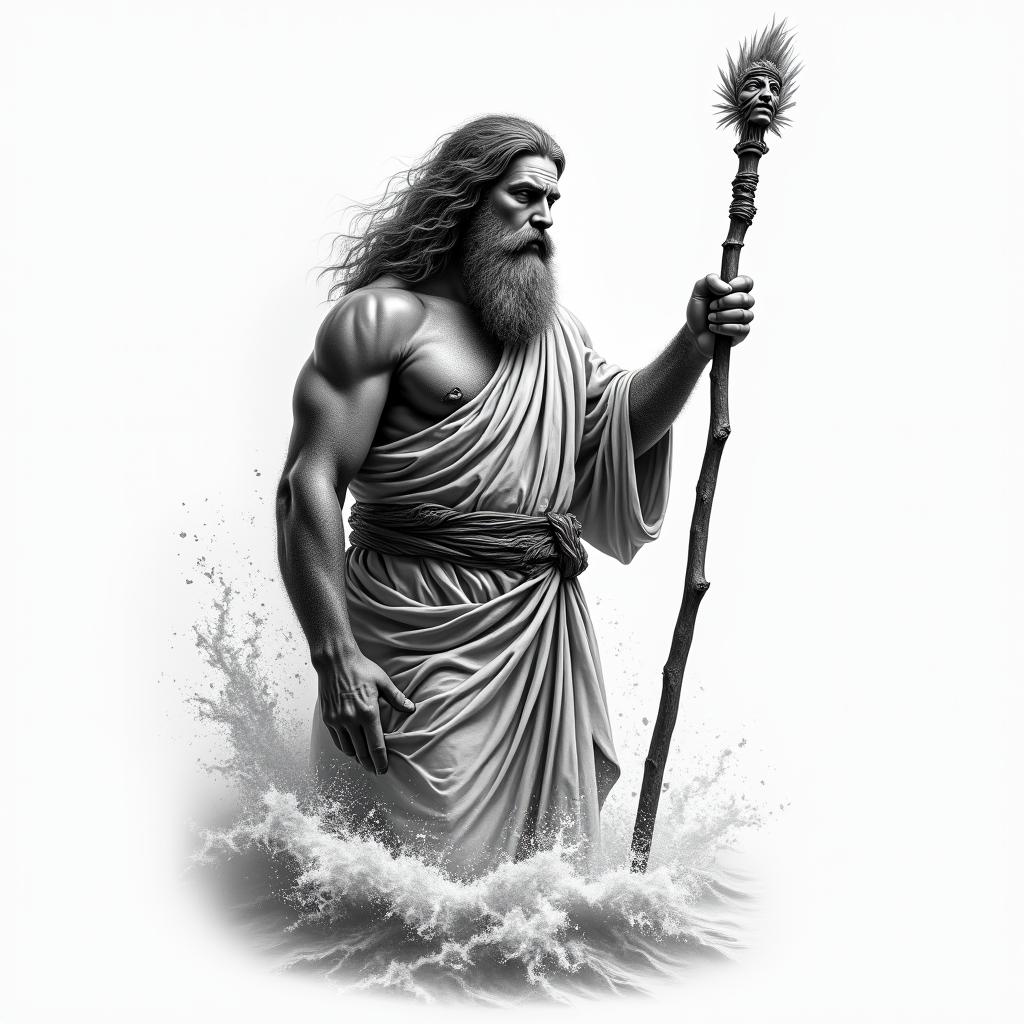 Create a black and grey tattoo of Moses splitting the sea with a stick in one hand and the 10 Commandments in another hand also include the face of Juda the lion in the tattoo and make the tattoo realistic.higly detailed tattoo - Variation 4