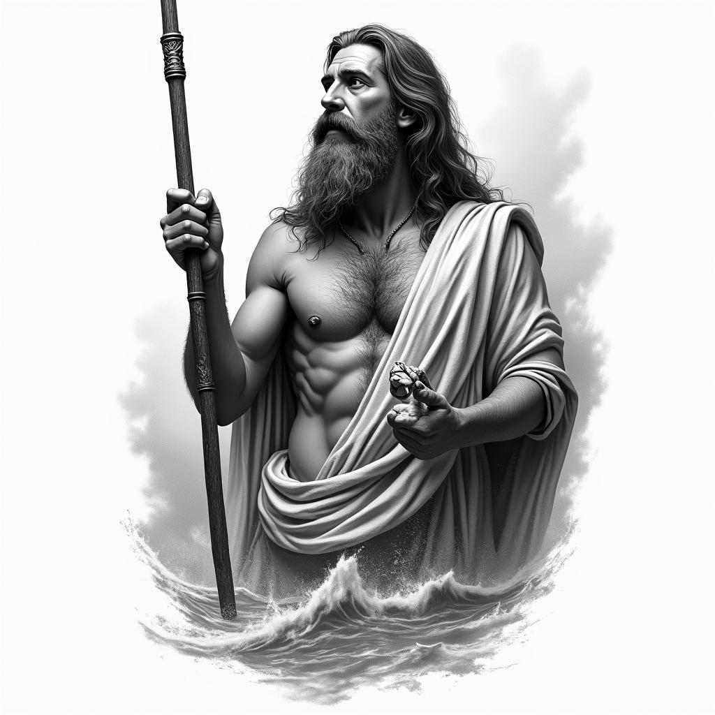 Create a black and grey tattoo of Moses splitting the sea with a stick in one hand and the 10 Commandments in another hand also include the face of Juda the lion in the tattoo and make the tattoo realistic.higly detailed tattoo