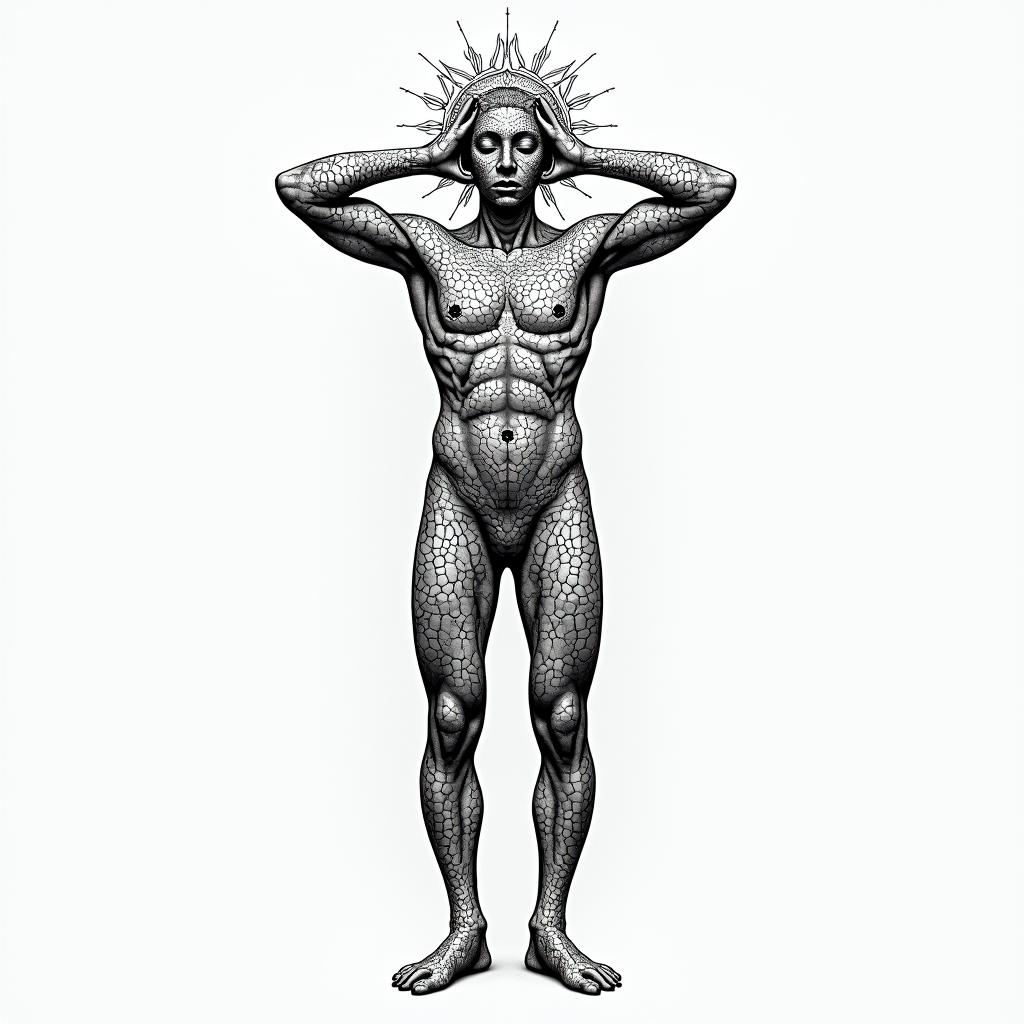 Using Six birthdates to create a human form in geometric style tattoo, blending hexagons, mandala-inspired patterns, symmetrical and fractal design, clean lines, sharp angles - Variation 3