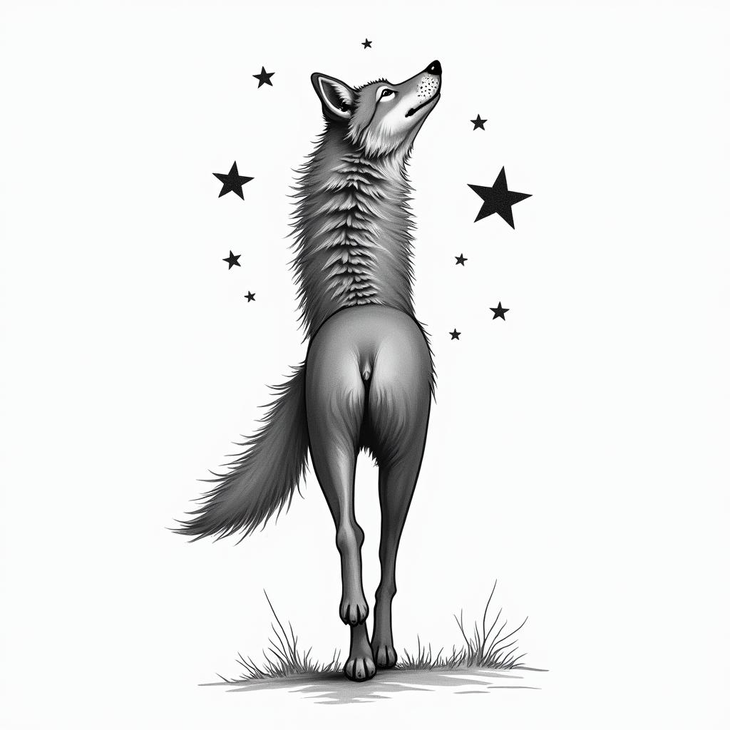 A stylized she-wolf walking alone, surrounded by two small stars (Margot & William).
• Can be illustrated in profile, thin, minimalist, on a lunar background.higly detailed tattoo