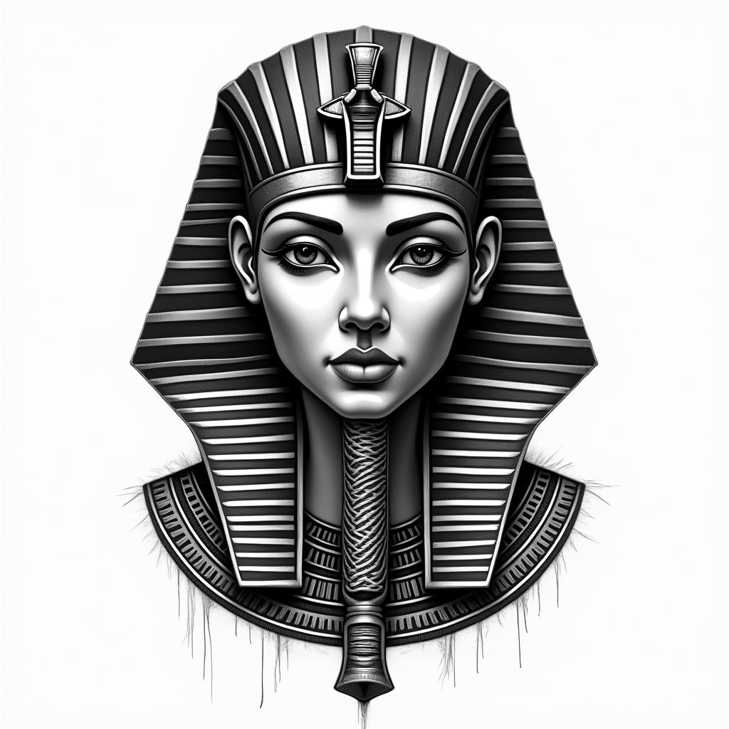 Tattoo that compliment, womanin egyptian style tattoo, bold elements of ancient egyptian culture including a portrait of an Egyptian pharaoh with detailed facial features, in hieroglyphs and symbolic imagery, eye of horus, ankh symbol, scarab beetle