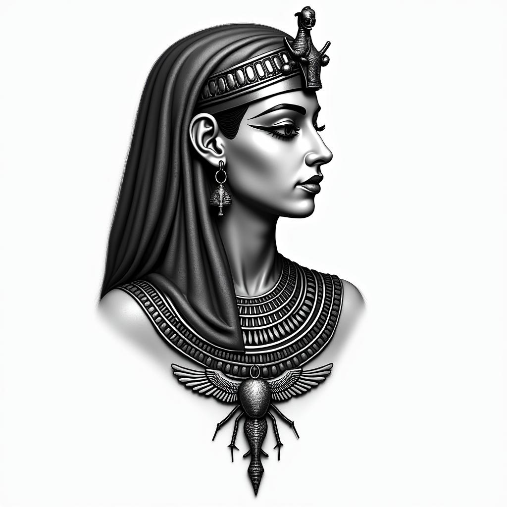Tattoo that compliment, womanin egyptian style tattoo, bold elements of ancient egyptian culture including a portrait of an Egyptian pharaoh with detailed facial features, in hieroglyphs and symbolic imagery, eye of horus, ankh symbol, scarab beetle - Variation 2