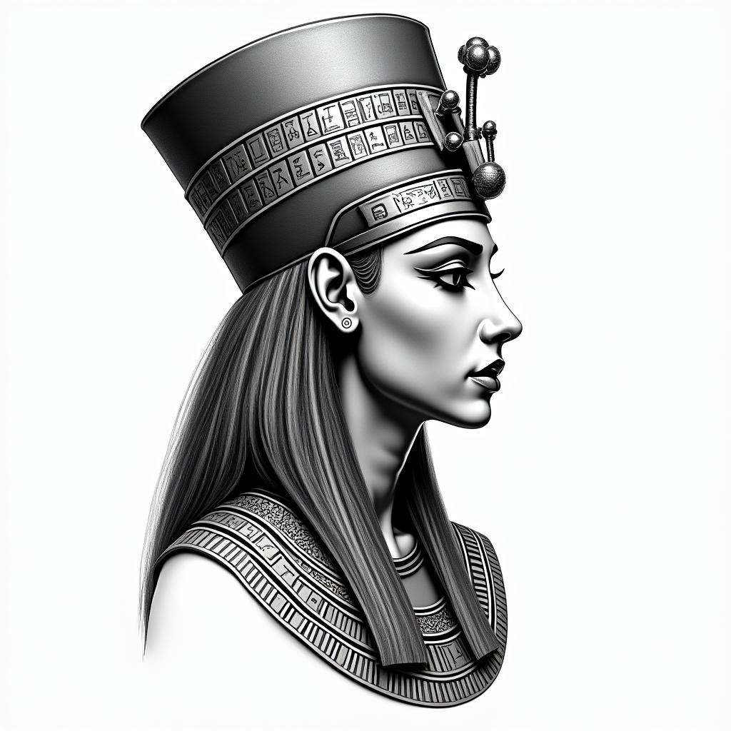 Tattoo that compliment, womanin egyptian style tattoo, bold elements of ancient egyptian culture including a portrait of an Egyptian pharaoh with detailed facial features, in hieroglyphs and symbolic imagery, eye of horus, ankh symbol, scarab beetle - Variation 4