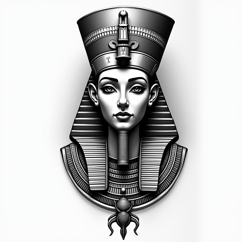 Tattoo that compliment, womanin egyptian style tattoo, bold elements of ancient egyptian culture including a portrait of an Egyptian pharaoh with detailed facial features, in hieroglyphs and symbolic imagery, eye of horus, ankh symbol, scarab beetle - Variation 3