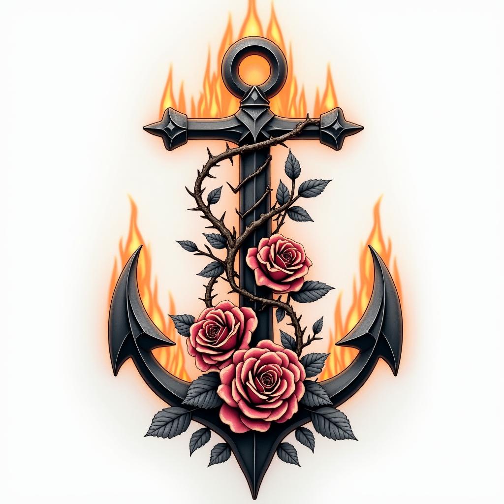 Anchor entwined with roses and thornsin flame tattoo style showcasing fiery elements with dynamic flame patterns, glowing effect of flames, natural colors - Variation 3