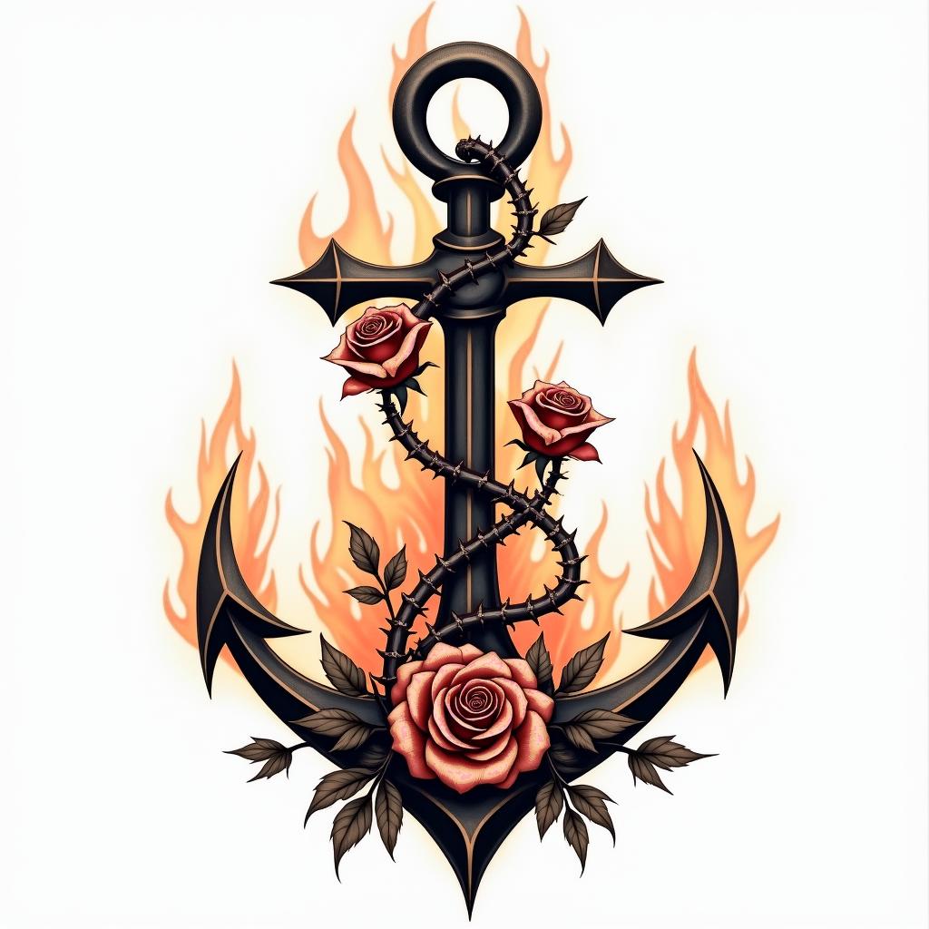 Anchor entwined with roses and thornsin flame tattoo style showcasing fiery elements with dynamic flame patterns, glowing effect of flames, natural colors - Variation 4