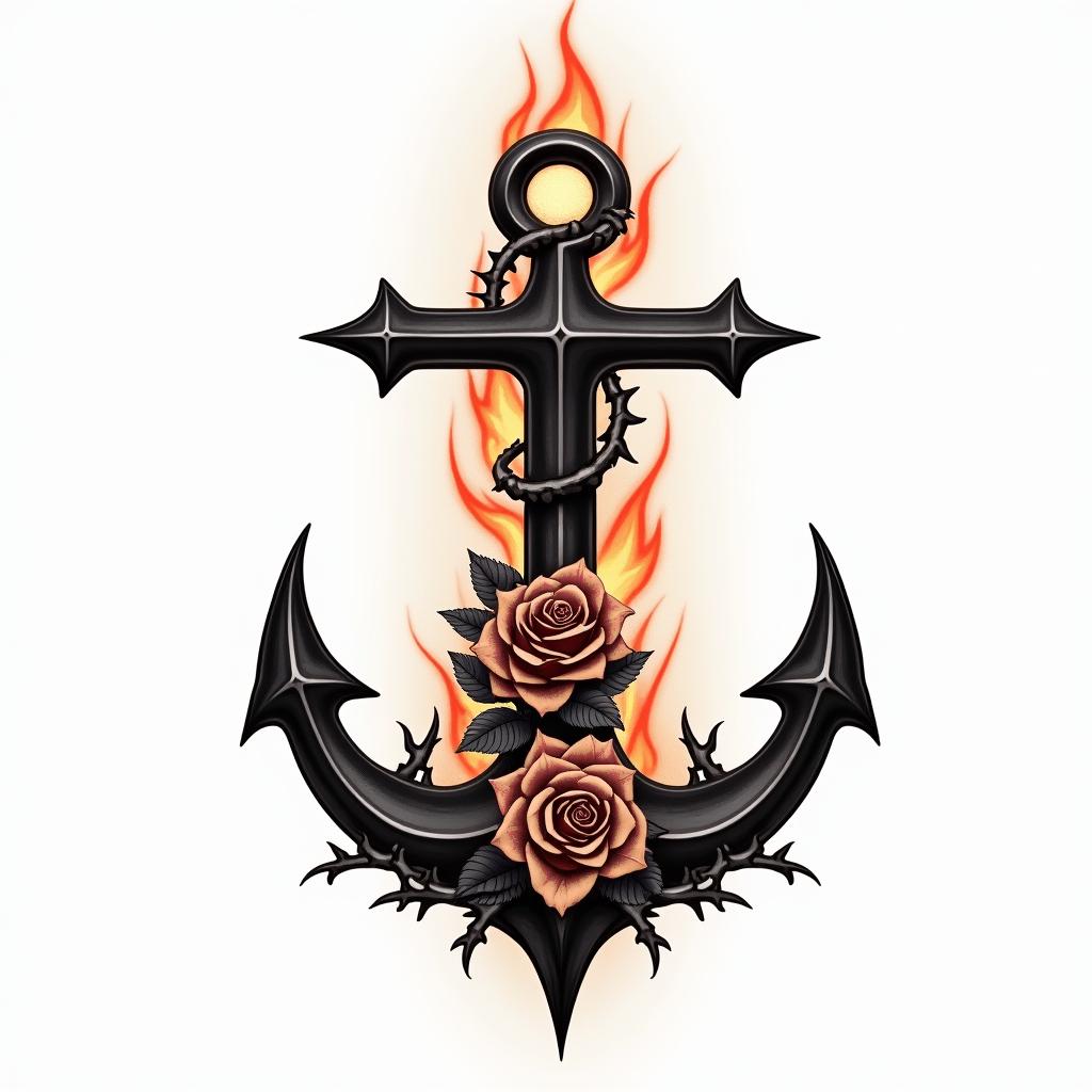 Anchor entwined with roses and thornsin flame tattoo style showcasing fiery elements with dynamic flame patterns, glowing effect of flames, natural colors