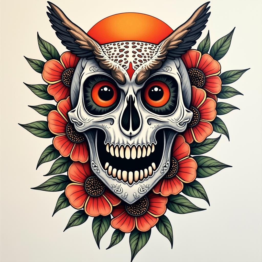 Skull with owl and flowersin bohemian style tattoo, 8k