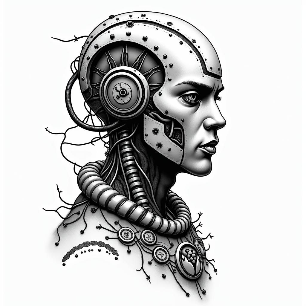 Samoan Polynesian mangatattoo in biomechanic style, the tattoo covered by robotic elements of futuristic cyberpunk design, robotic features detail, showcasing intricate mechanical components