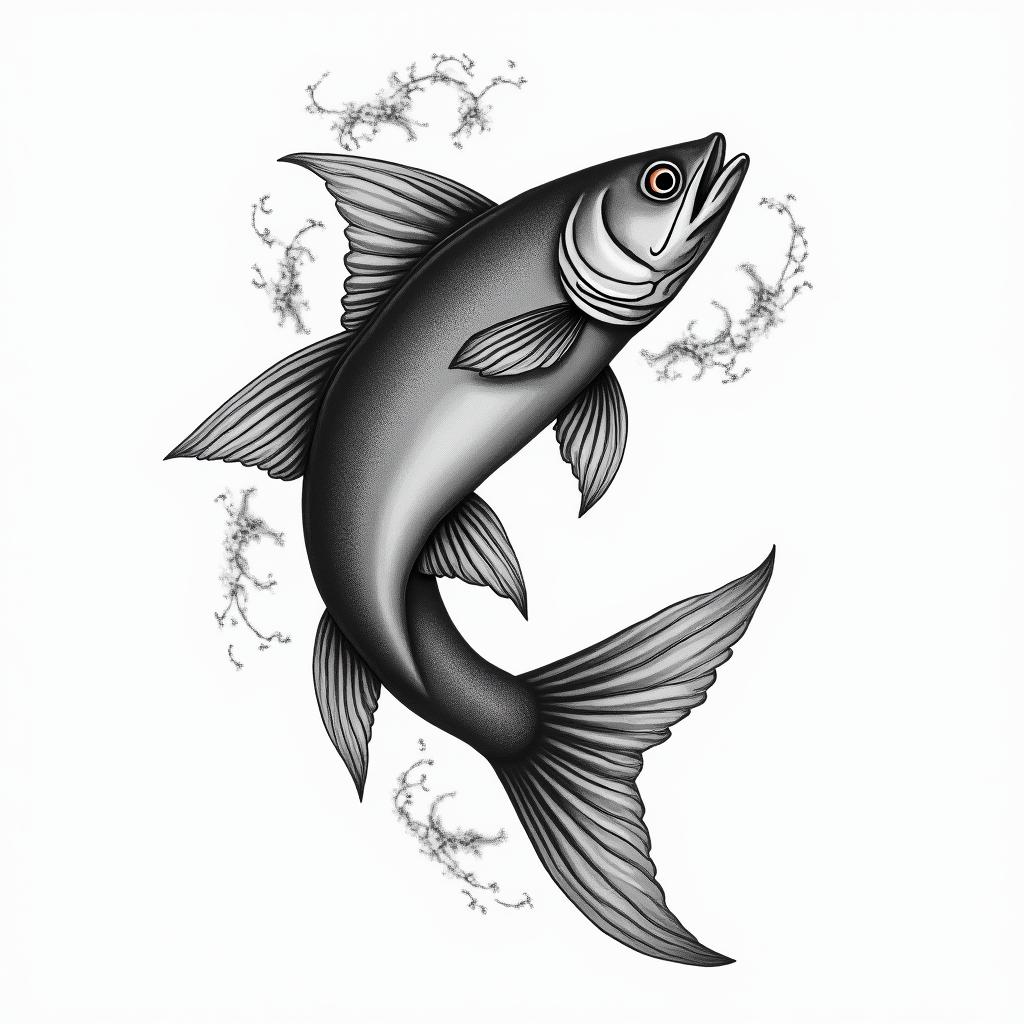 • Stylized fish, in a gentle wave, rising with the current.
• Two splashes of water or flowers above: one for each child.higly detailed tattoo