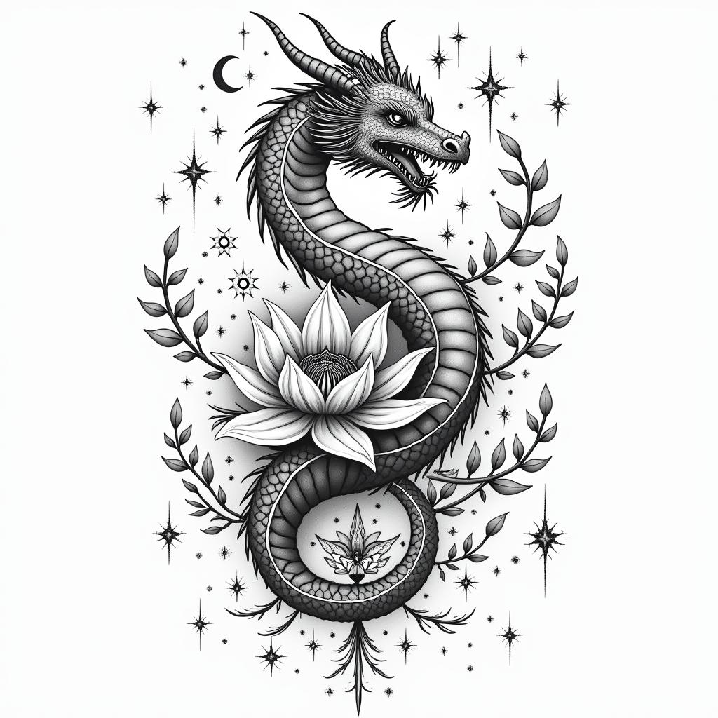 A dragon surrounded by larkspurs and water lily’sin prophecy tattoo style, featuring mystical symbols, celestial imagery like stars, moons, suns, geometric patterns, foretelling elements, an eye of wisdom - Variation 3
