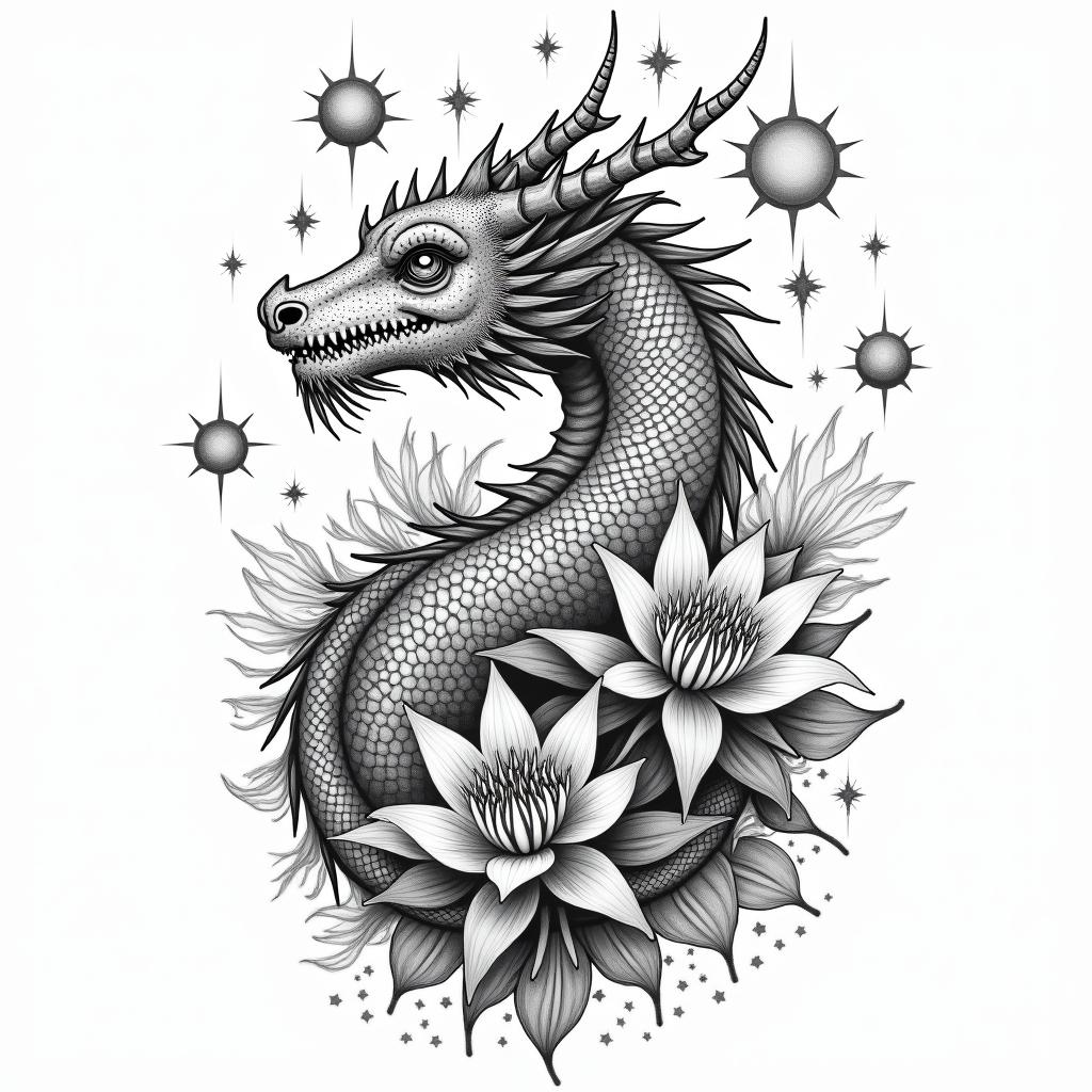 A dragon surrounded by larkspurs and water lily’sin prophecy tattoo style, featuring mystical symbols, celestial imagery like stars, moons, suns, geometric patterns, foretelling elements, an eye of wisdom - Variation 4