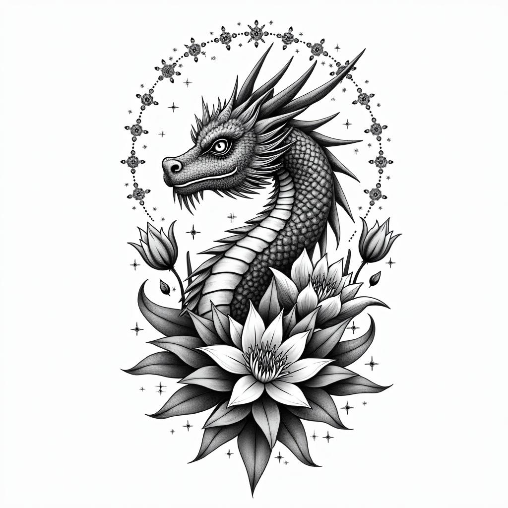 A dragon surrounded by larkspurs and water lily’sin prophecy tattoo style, featuring mystical symbols, celestial imagery like stars, moons, suns, geometric patterns, foretelling elements, an eye of wisdom - Variation 2