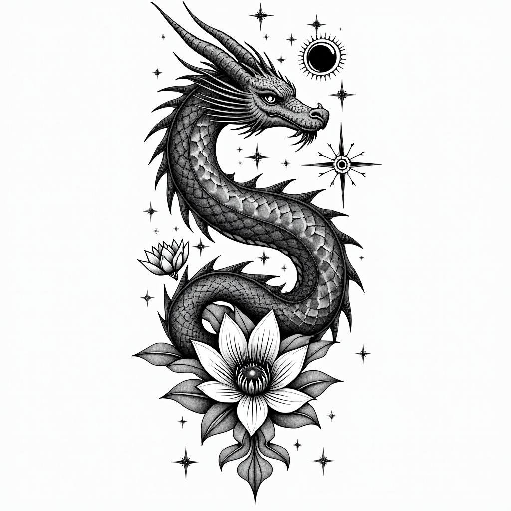 A dragon surrounded by larkspurs and water lily’sin prophecy tattoo style, featuring mystical symbols, celestial imagery like stars, moons, suns, geometric patterns, foretelling elements, an eye of wisdom