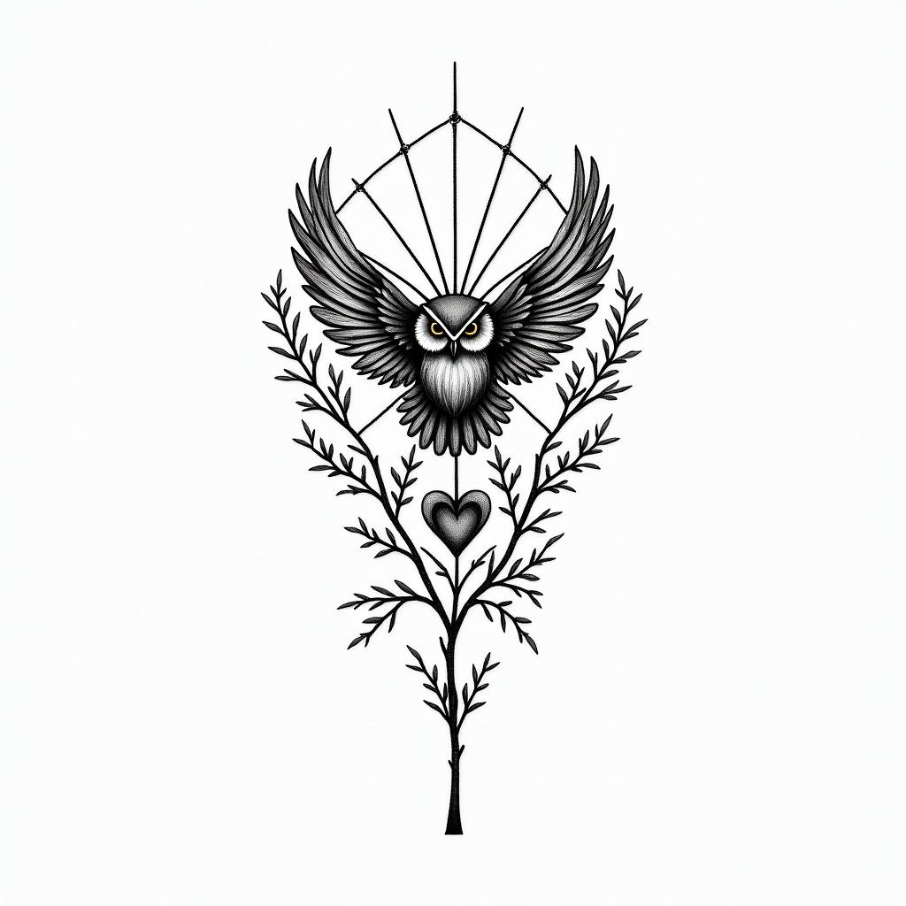 Spider web heart owl branchin Modest style tattoo, featuring soft, delicate line work with simple and meaningful symbols, gentle waves, a heart, evoking a sense of serenity and grace, - Variation 3