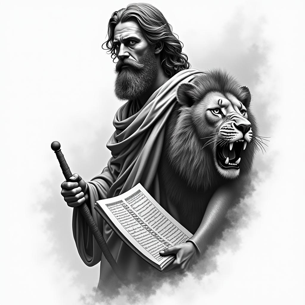 A realistic black and grey tattoo of Moses holding a stick in one hand and the Ten Commandments in the other, depicted as he splits the Red Sea. The face of Judah the lion is included in the design, with intricate details and textures, focusing on the dramatic moment and conveying strength and faith.higly detailed tattoo