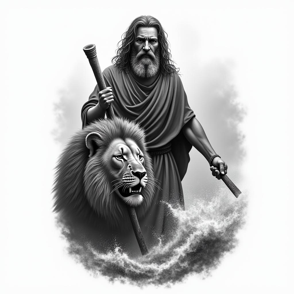 A realistic black and grey tattoo of Moses holding a stick in one hand and the Ten Commandments in the other, depicted as he splits the Red Sea. The face of Judah the lion is included in the design, with intricate details and textures, focusing on the dramatic moment and conveying strength and faith.higly detailed tattoo - Variation 2