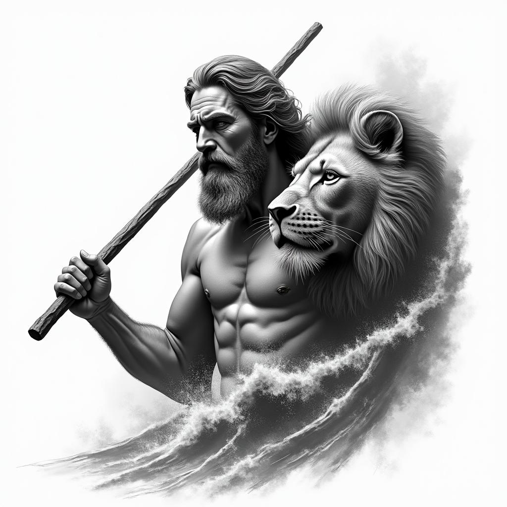 A realistic black and grey tattoo of Moses holding a stick in one hand and the Ten Commandments in the other, depicted as he splits the Red Sea. The face of Judah the lion is included in the design, with intricate details and textures, focusing on the dramatic moment and conveying strength and faith.higly detailed tattoo - Variation 3