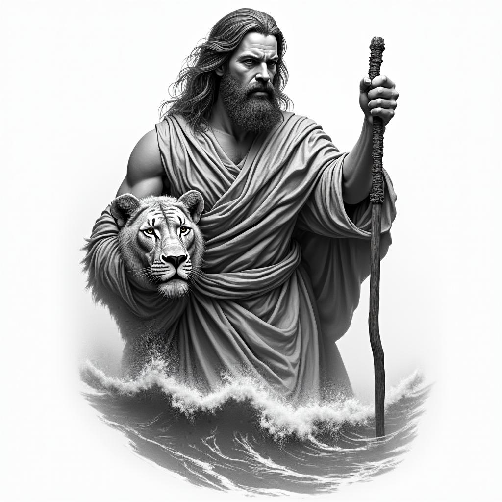 A realistic black and grey tattoo of Moses holding a stick in one hand and the Ten Commandments in the other, depicted as he splits the Red Sea. The face of Judah the lion is included in the design, with intricate details and textures, focusing on the dramatic moment and conveying strength and faith.higly detailed tattoo - Variation 4