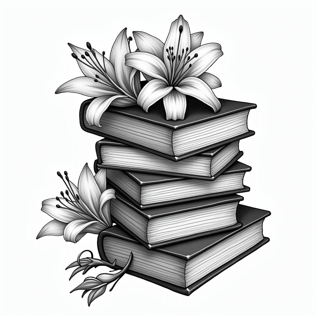A realistic vintage-style tattoo design featuring a stack of books with the name "Shane" written in elegant Arabic script. Intertwined with the books are delicate black and white lilies, symbolizing a connection to the client's grandmother. The overall composition should convey a sense of nostalgia and love for literature.higly detailed tattoo