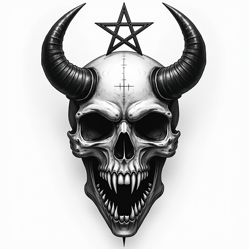 Tobias, Scorpio, Erlangencreepy horror tattoo style, featuring an eerie and unsettling skull of a demonic creature, distorted face with sharp fangs, add pentagram symbol - Variation 4