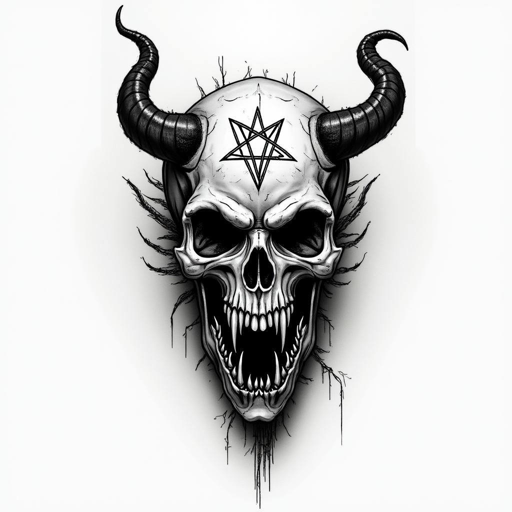 Tobias, Scorpio, Erlangencreepy horror tattoo style, featuring an eerie and unsettling skull of a demonic creature, distorted face with sharp fangs, add pentagram symbol