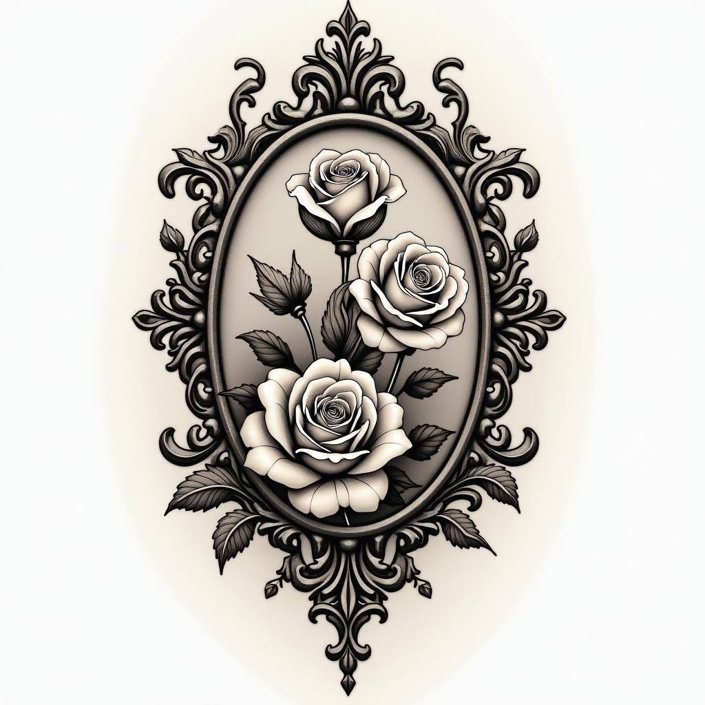 Daniel Preciado Tauroin victorian style tattoo, featuring vintage and elegant elements, ornate frames, roses, antique, sepia-toned color scheme - Variation 4