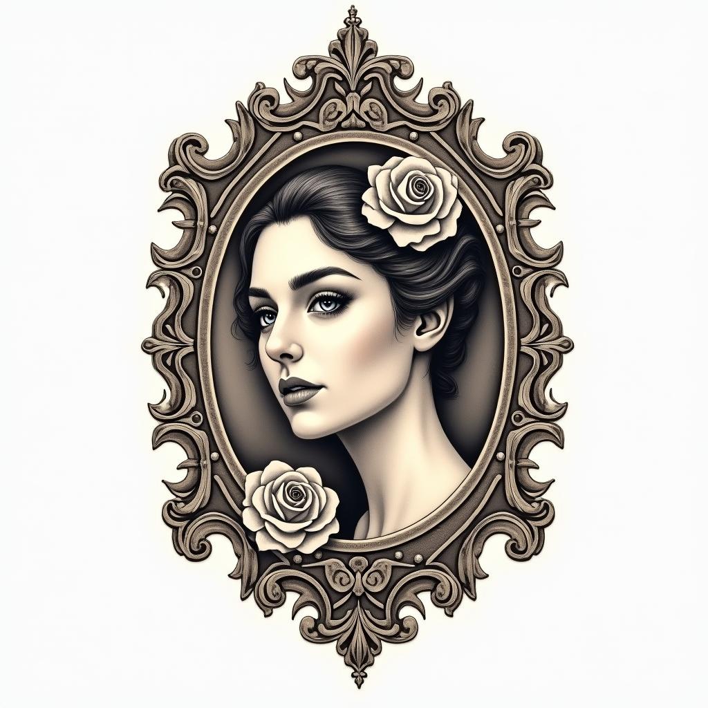 Daniel Preciado Tauroin victorian style tattoo, featuring vintage and elegant elements, ornate frames, roses, antique, sepia-toned color scheme - Variation 2