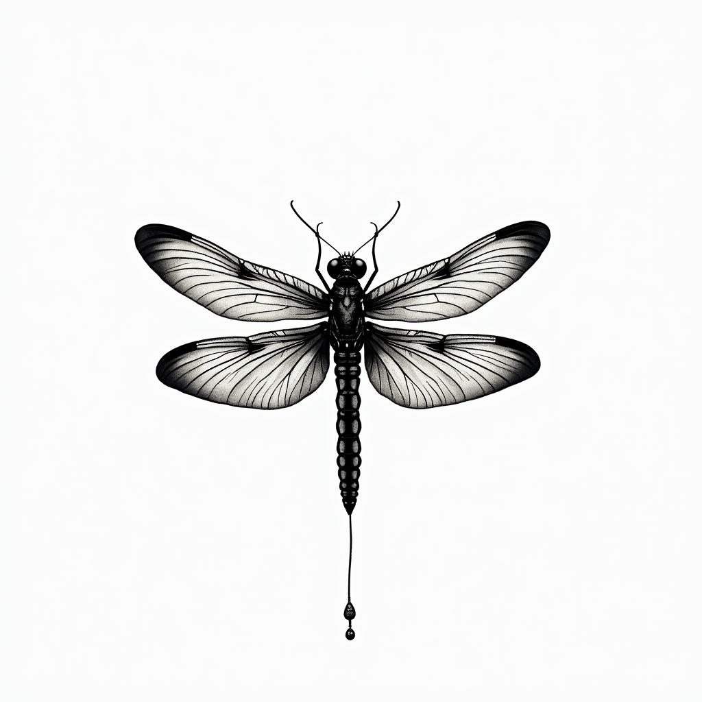 • Dragonfly in flight, wings moving, fine detail.
• Lotus or water flowers beneath its passage.
• Margot and William represented by two small pearls or droplets at the tips of the wings.higly detailed tattoo - Variation 3